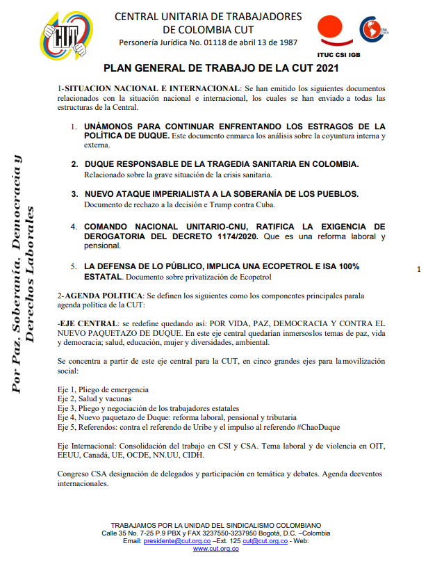Plan de Trabajo de la CUT 2021 