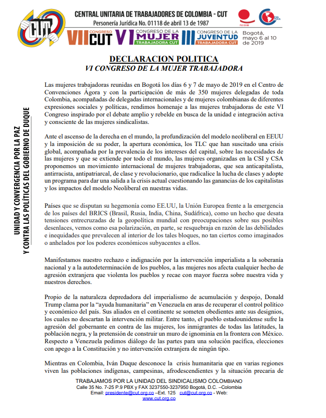 Declaración Política VI Congreso de la Mujer 